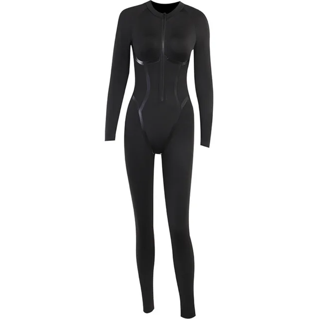 Fashion Sports Leather Ribbon Split Line Long Sleeve Zipper Skinny Hip Raise Jumpsuit Black - Shop at LoveMi