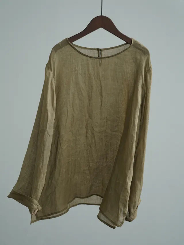 Original Simplicity Round Neck Pullover Clear Ramie Mid length Shirt Gray Green - Shop at LoveMi