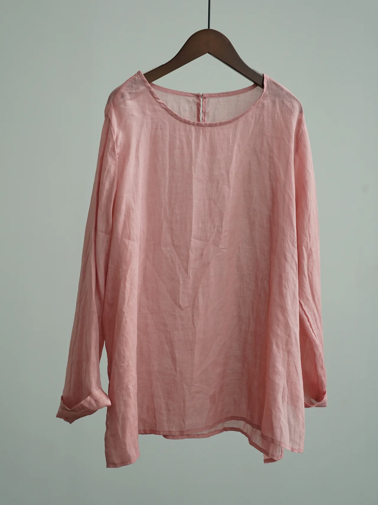 Original Simplicity Round Neck Pullover Clear Ramie Mid-length Shirt - Pink