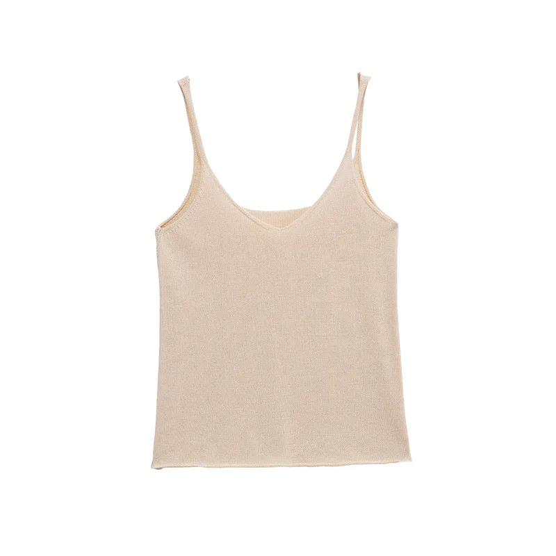 Pure Desire European And American Sexy Style Solid Color Spaghetti Straps Knitted Top - Khaki - View 1