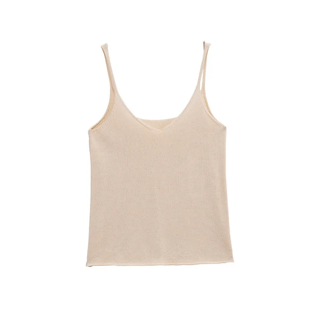 Pure Desire European And American Sexy Style Solid Color Spaghetti Straps Knitted Top Khaki - Shop at LoveMi