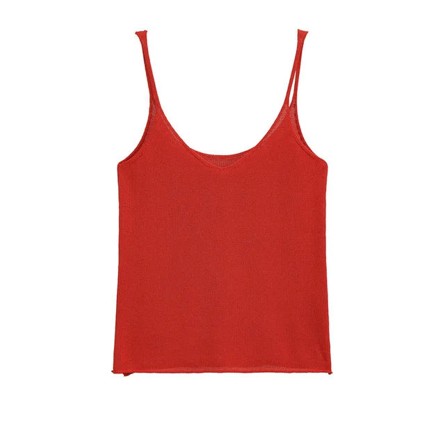 Pure Desire European And American Sexy Style Solid Color Spaghetti Straps Knitted Top Red - Shop at LoveMi