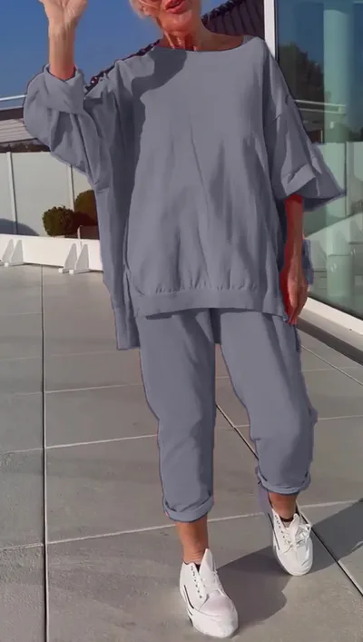 Casual Solid Color Round Neck Long Sleeve Top Two piece Pants Gray - Shop at LoveMi