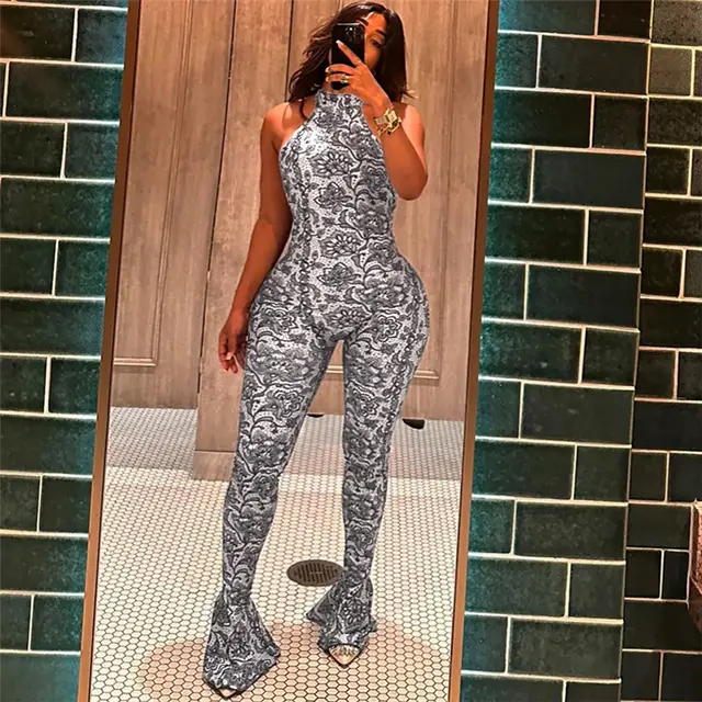 Women's Fashion Sexy Backless Halter Printed Slim fit Sheath Jumpsuit Black - Shop at LoveMi