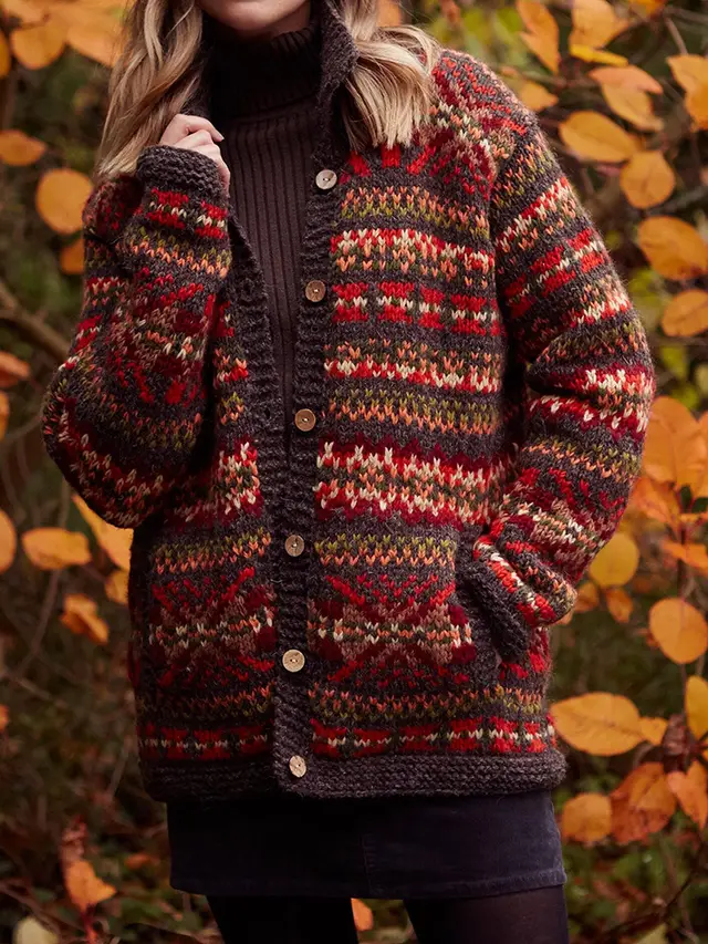 Digital Printing Winter Cardigan Long Sleeve Loose Sweater Red - Shop at LoveMi