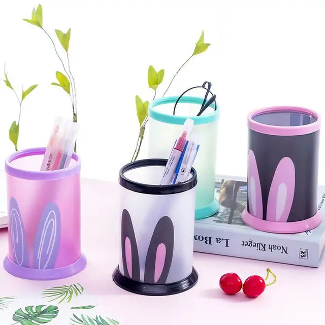 Desktop Office Storage Detachable Round Plastic Storage Cylinder Big Ears Rabbit Pink - Shop at LoveMi