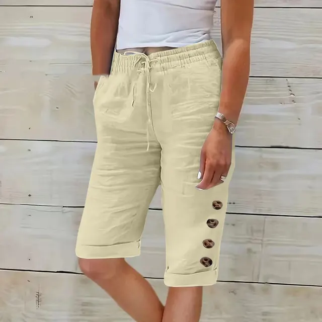 Summer Elastic Waist Solid Color Cotton Linen Wide Leg Pants 6 Apricot - Shop at LoveMi