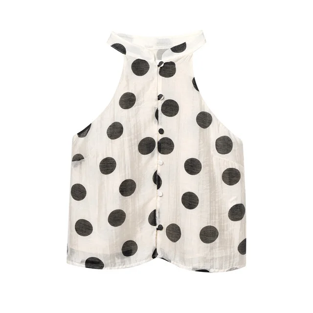 Polka Dot Hanging Collar Top Pleated Decorative Casual Shorts Top - Shop at LoveMi