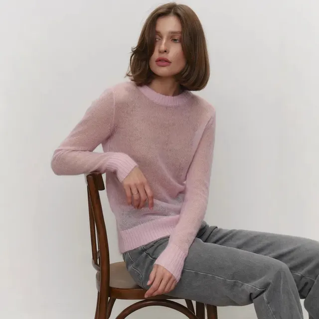Sweater Blouse Women's Round Neck European And American Style See through Pink - Shop at LoveMi