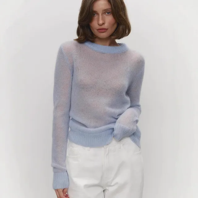 Sweater Blouse Women's Round Neck European And American Style See through Sky Blue - Shop at LoveMi