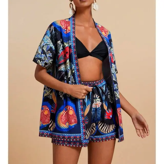 Fashion Casual Printing Cardigan Short Sleeve Shorts Suit Black - Shop at LoveMi