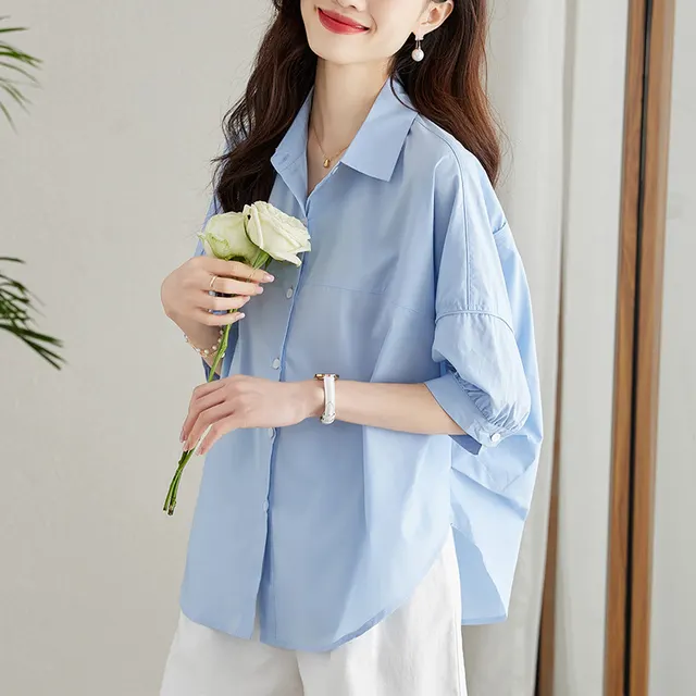 Loose Slim fit Casual Shirt Pure Cotton Shirt Light Blue Short Sleeve - Shop at LoveMi