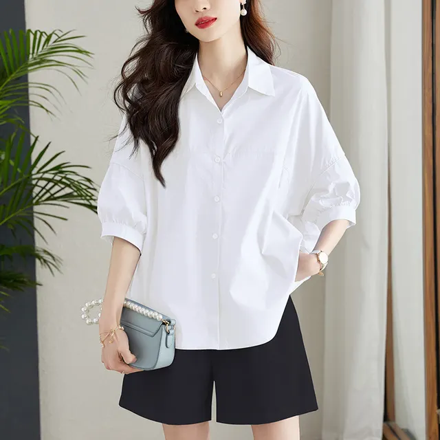Loose Slim fit Casual Shirt Pure Cotton Shirt White Short Sleeve - Shop at LoveMi