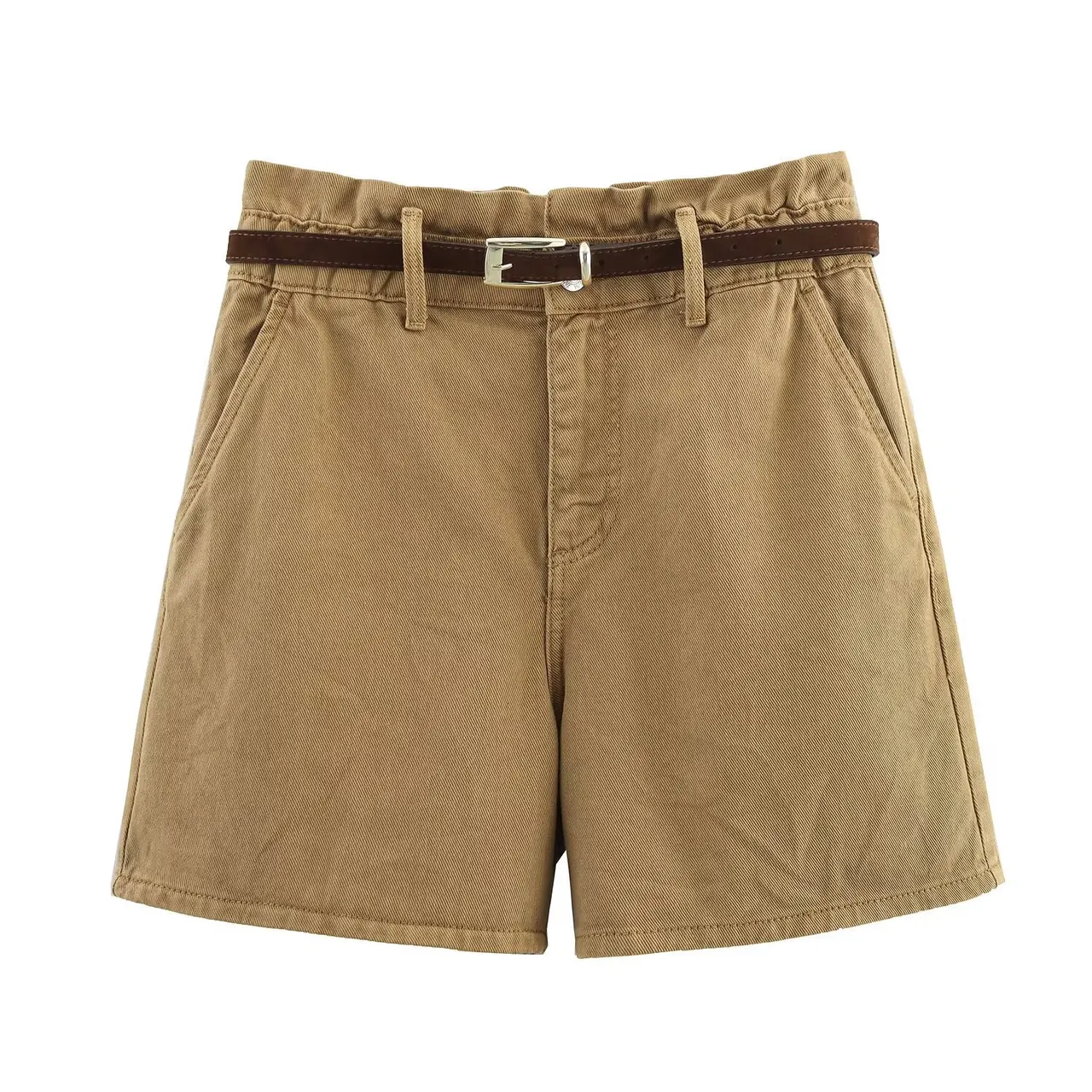 Fashion Casual High Waist Paper Bag Denim Casual Shorts - Dark Tawny Color