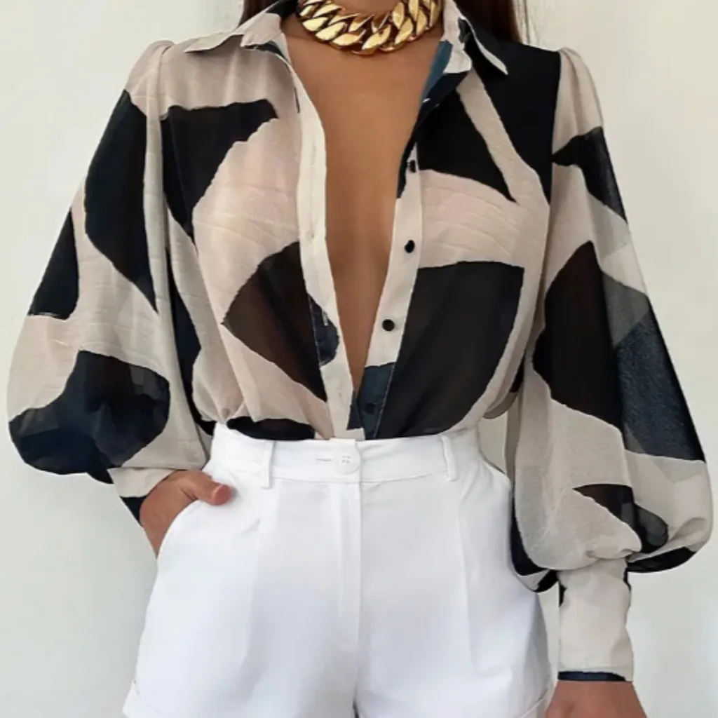 Abstract Pattern Printed Directional Shirt Long Sleeved - Mixed Color