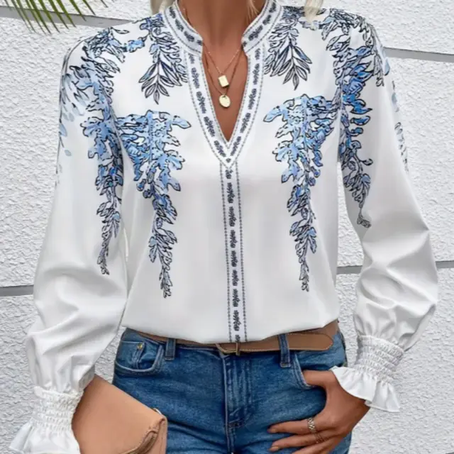 Floral Printed Ruffled Sleeve Shirt Light Blue - Shop at LoveMi
