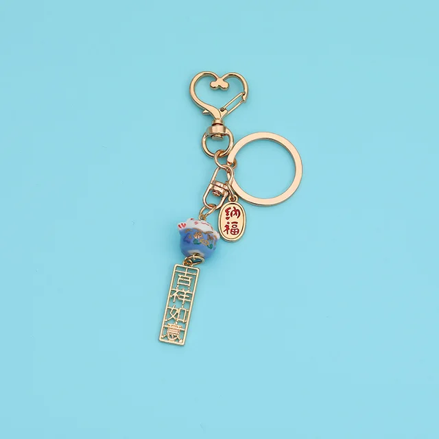 Cute Cartoon Ceramic Lucky Cat Keychain Ring Chain Creative Gift Blue - Shop at LoveMi