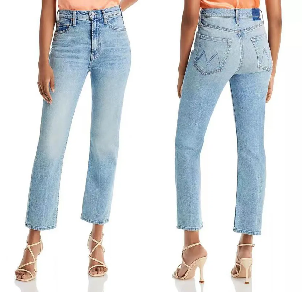 High Waist Light Blue Stretch Slim fitting Small Straight Cropped Jeans For Women Light Blue - Shop at LoveMi