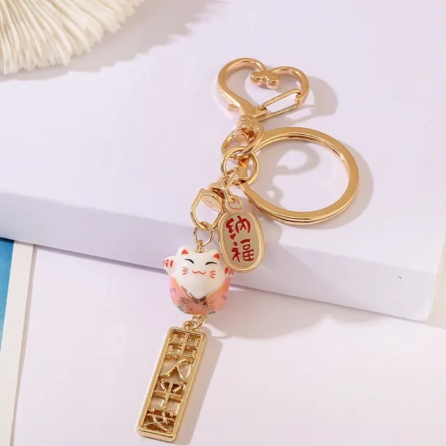 Cute Girl Heart Ceramic Fortune Cat Keychain Pink - Shop at LoveMi