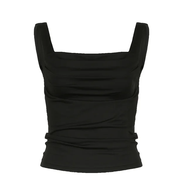 Solid Color Low Square Collar Pleated Slim Strap Women Outerwear Top Black - Shop at LoveMi