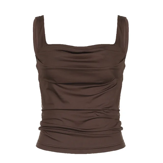 Solid Color Low Square Collar Pleated Slim Strap Women Outerwear Top Brown - Shop at LoveMi