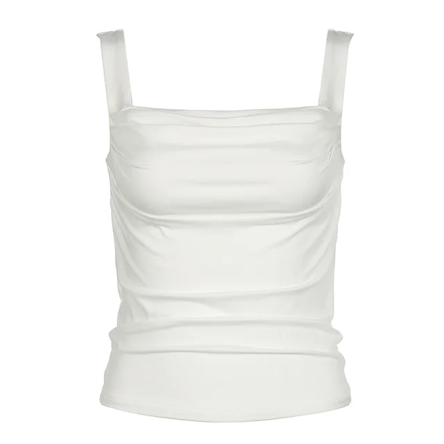 Solid Color Low Square Collar Pleated Slim Strap Women Outerwear Top White - Shop at LoveMi