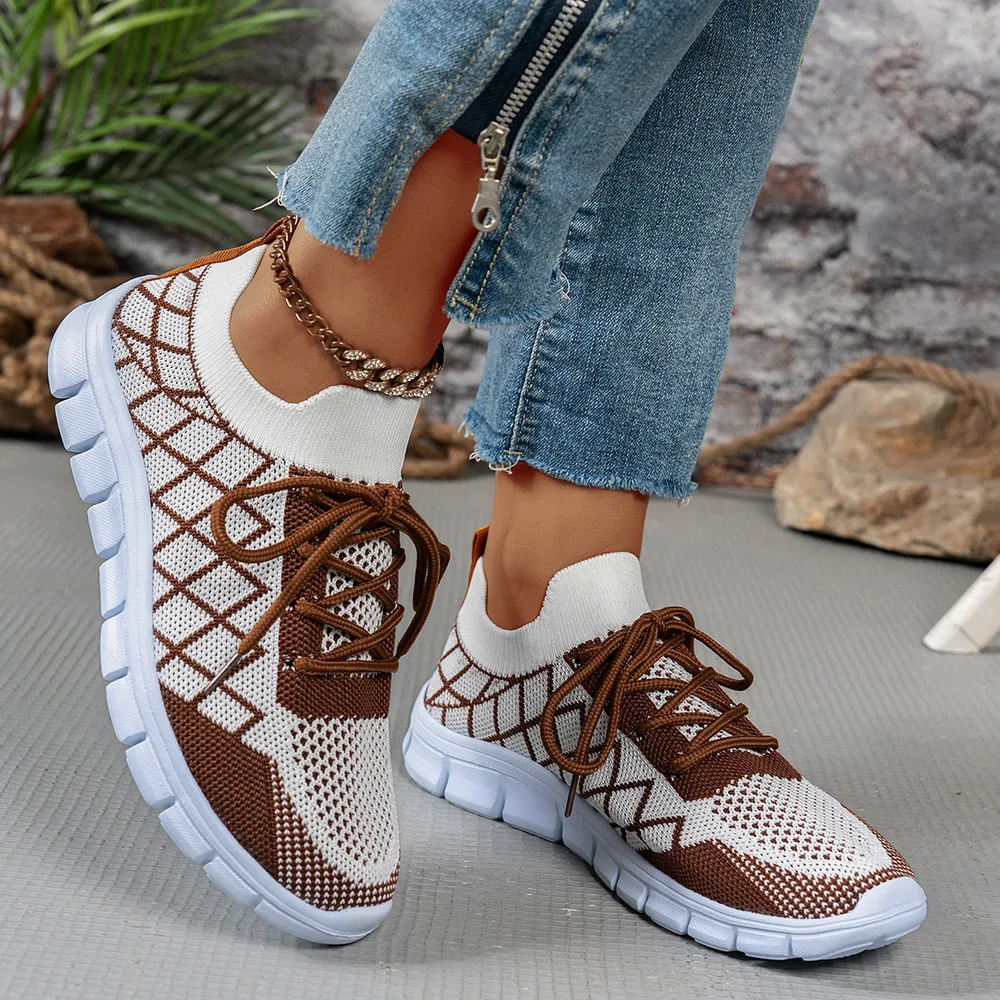 Colorblock Plaid Lace Up Flyknit Sneakers Ins Mesh Casual Shoes Fashion Breathable Walking Running Sports Shoes For Women Brown - Shop at LoveMi