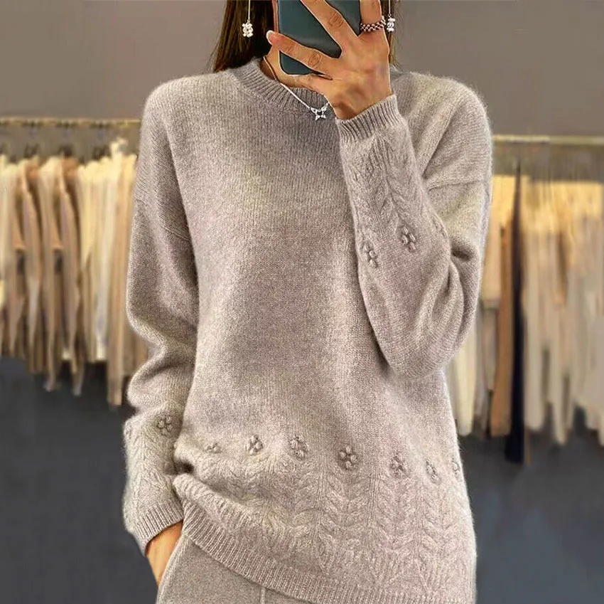 Women's Round Neck Solid Color Sweater Top Vintage Crocheted Pullover Camel - Shop at LoveMi