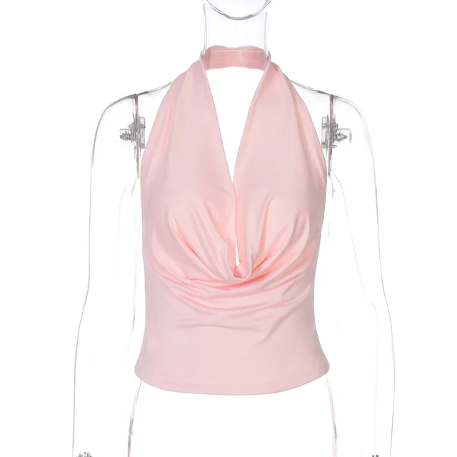 Women's Fashion Deep V neck Backless Halter Top Pink - Shop at LoveMi