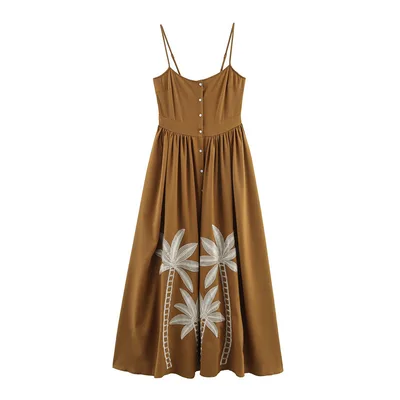 Vacation Style Coconut Tree Embroidered Suspender Skirt Brown - Shop at LoveMi