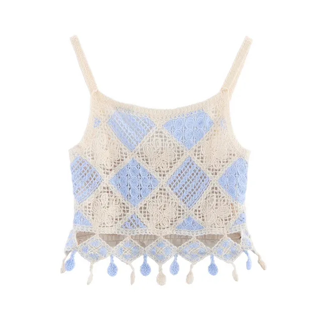 Hollow out Design Sense Niche Crocheted Camisole Top Blue - Shop at LoveMi