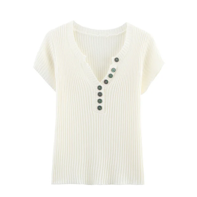 Collar Button Contrast Color Knitted Short Sleeve White - Shop at LoveMi