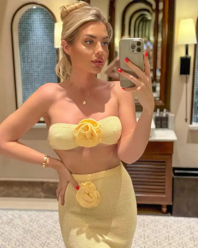 Tube Top Knitted Hollow Flower High Waist Suit Women Yellow - Shop at LoveMi