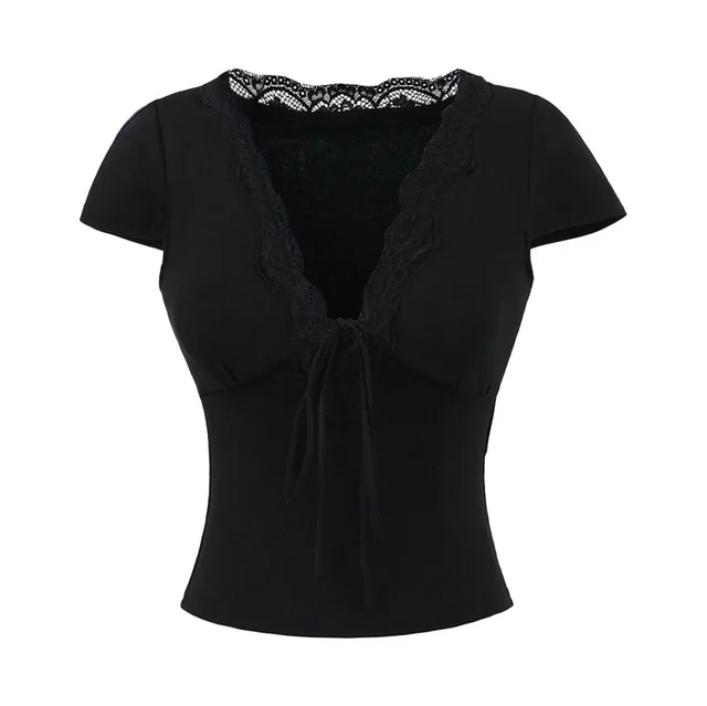 European And American Style Slim Chest Pad Lace V neck Short Sleeve Black - Shop at LoveMi