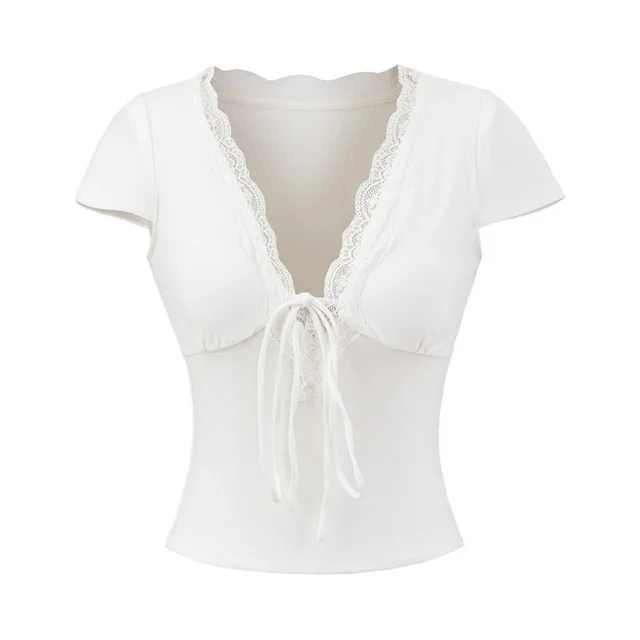 European And American Style Slim Chest Pad Lace V neck Short Sleeve White - Shop at LoveMi
