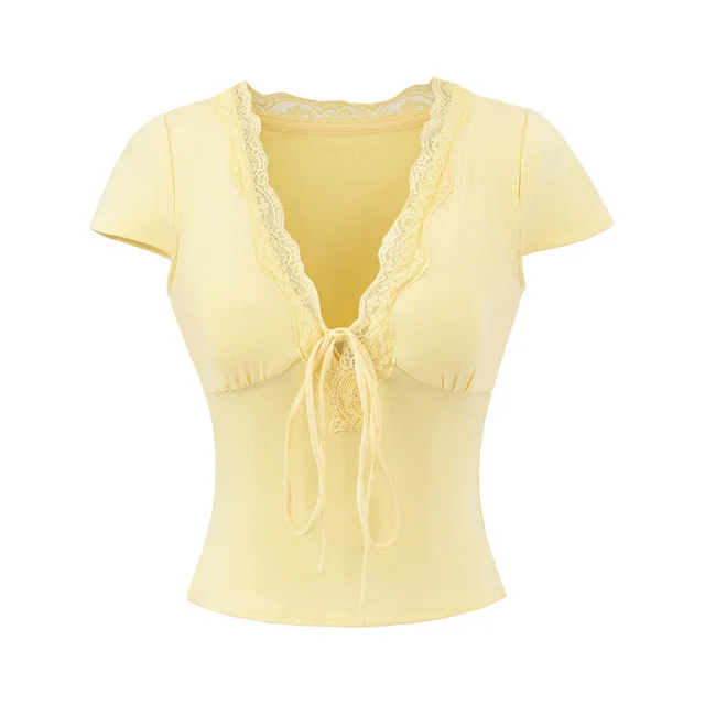 European And American Style Slim Chest Pad Lace V neck Short Sleeve Yellow - Shop at LoveMi