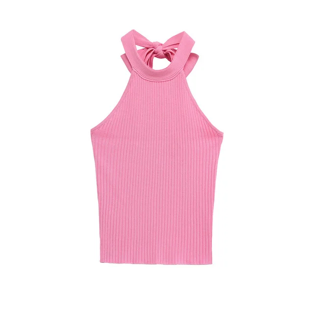 European And American Style Fashion Bowknot Knitted Halter Top Pink - Shop at LoveMi