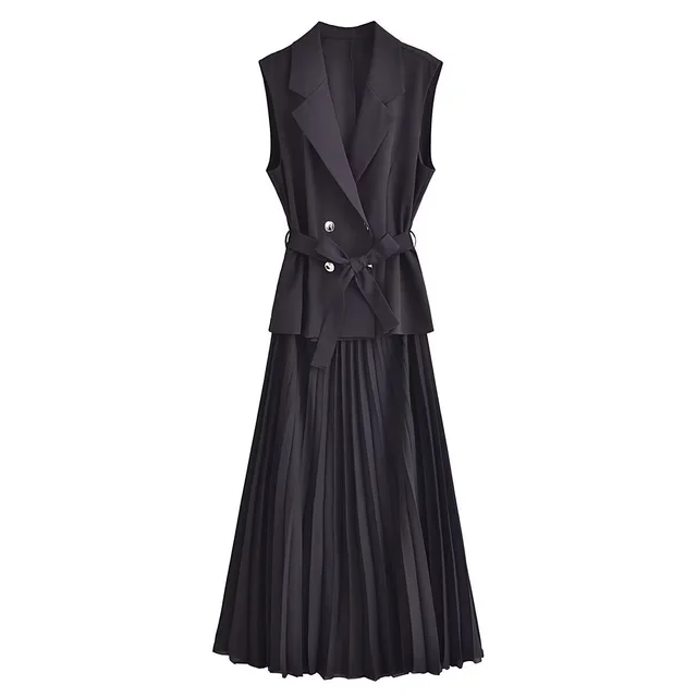 European And American Double Breasted With Belt Vest Pleated Skirt Dress Black - Shop at LoveMi