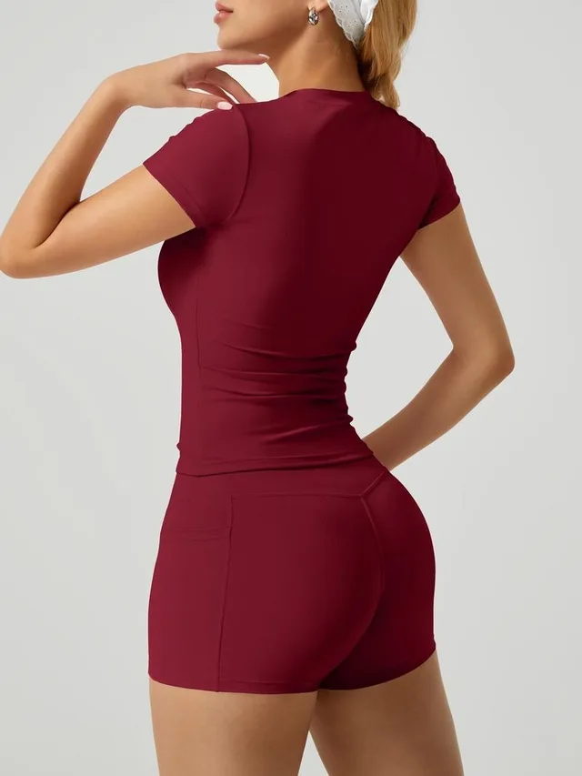 Women's Short sleeved Slim fit Pocket Shorts Suit Dark Red - Shop at LoveMi