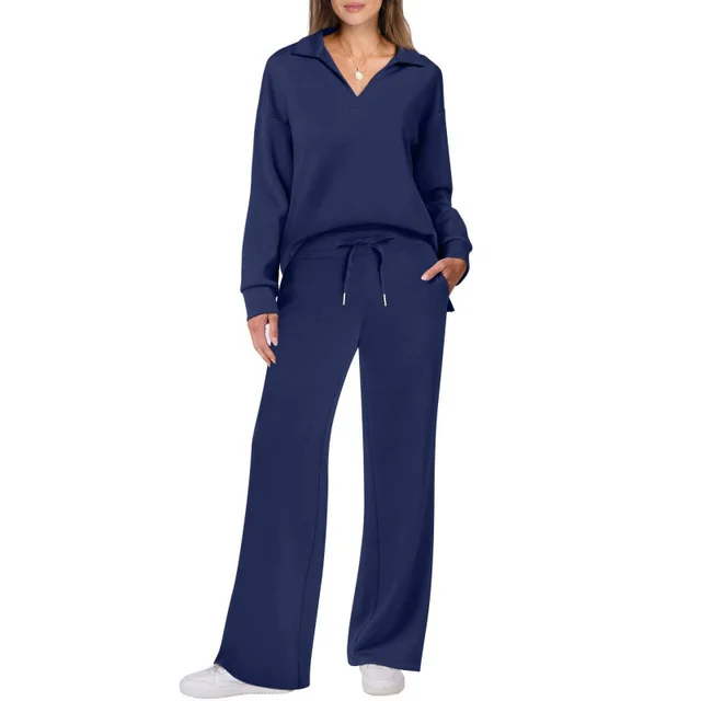 Women's Fashion Casual Drawstring Solid Color Suit Dark Blue - Shop at LoveMi