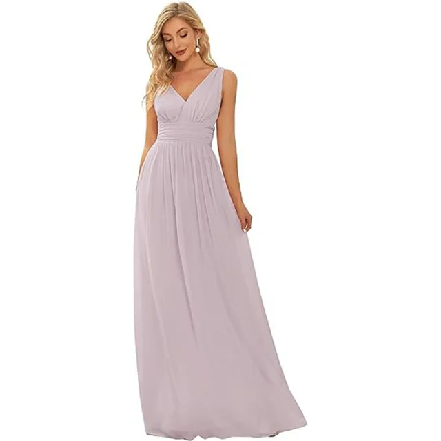 Women's Elegant Graceful Deep V neck Sleeveless Chiffon Formal Maxi Evening Dress Lilac - Shop at LoveMi