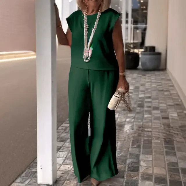 Women's Solid Color Round Neck Sleeveless Top And Trousers Suit Dark Green - Shop at LoveMi