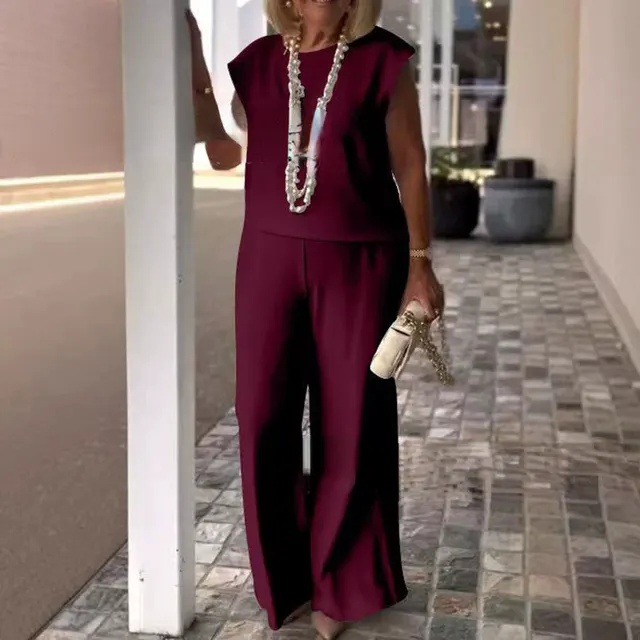 Women's Solid Color Round Neck Sleeveless Top And Trousers Suit Wine Red - Shop at LoveMi