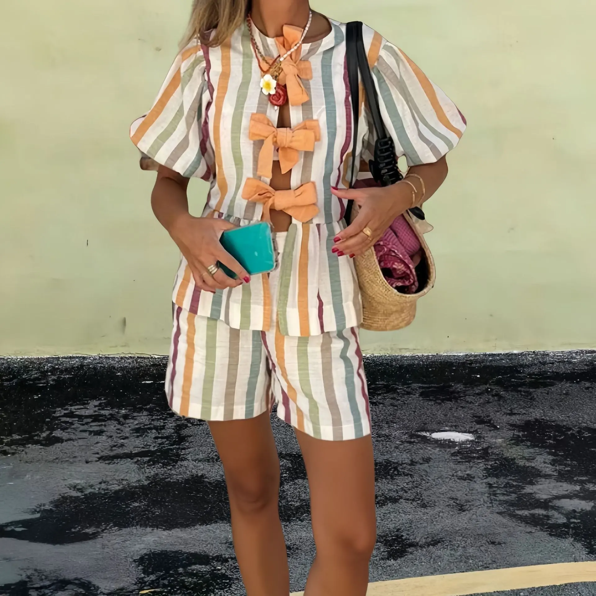 Fashion Casual Striped Shorts Top Suit Women - Color