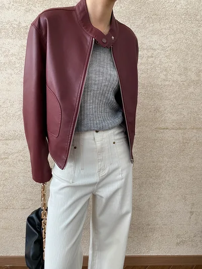 Locomotive Style Stand Collar Temperament Wild Jacket Red - Shop at LoveMi