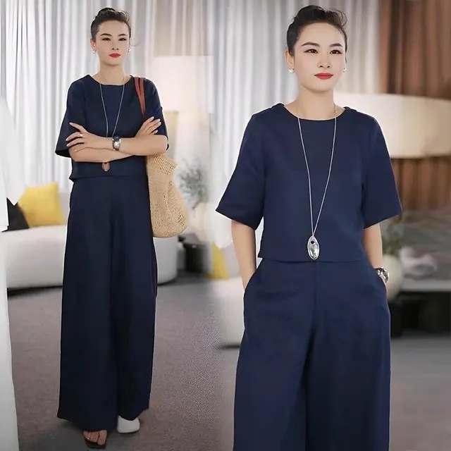 Women's Plus Size Loose Slimming High end Temperament Wide Leg Pants Casual Two piece Suit Dark Blue - Shop at LoveMi