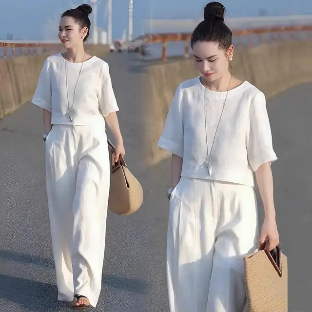 Women's Plus Size Loose Slimming High end Temperament Wide Leg Pants Casual Two piece Suit White - Shop at LoveMi