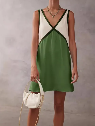 Women's V neck Loose fitting Sleeveless Shirt Color matching Dress Green - Shop at LoveMi