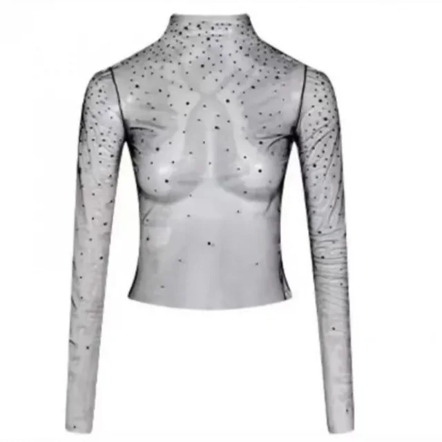 Pure Desire Mesh Socialite Exquisite Fashion Long Sleeve Suit Rhinestone Mesh Top - Shop at LoveMi