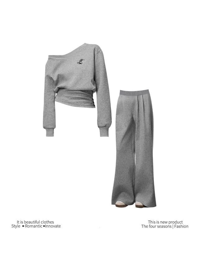 Sports Casual Waist Tight Top Waist Slant Shoulder Suit Sweatshirt And Sweatpants - Shop at LoveMi